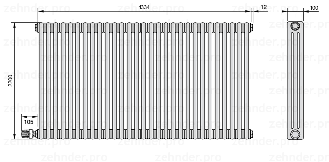 Схема (чертеж) Радиатор Zehnder Charleston 3220/29 №V003 Белый глянцевый RAL 9016